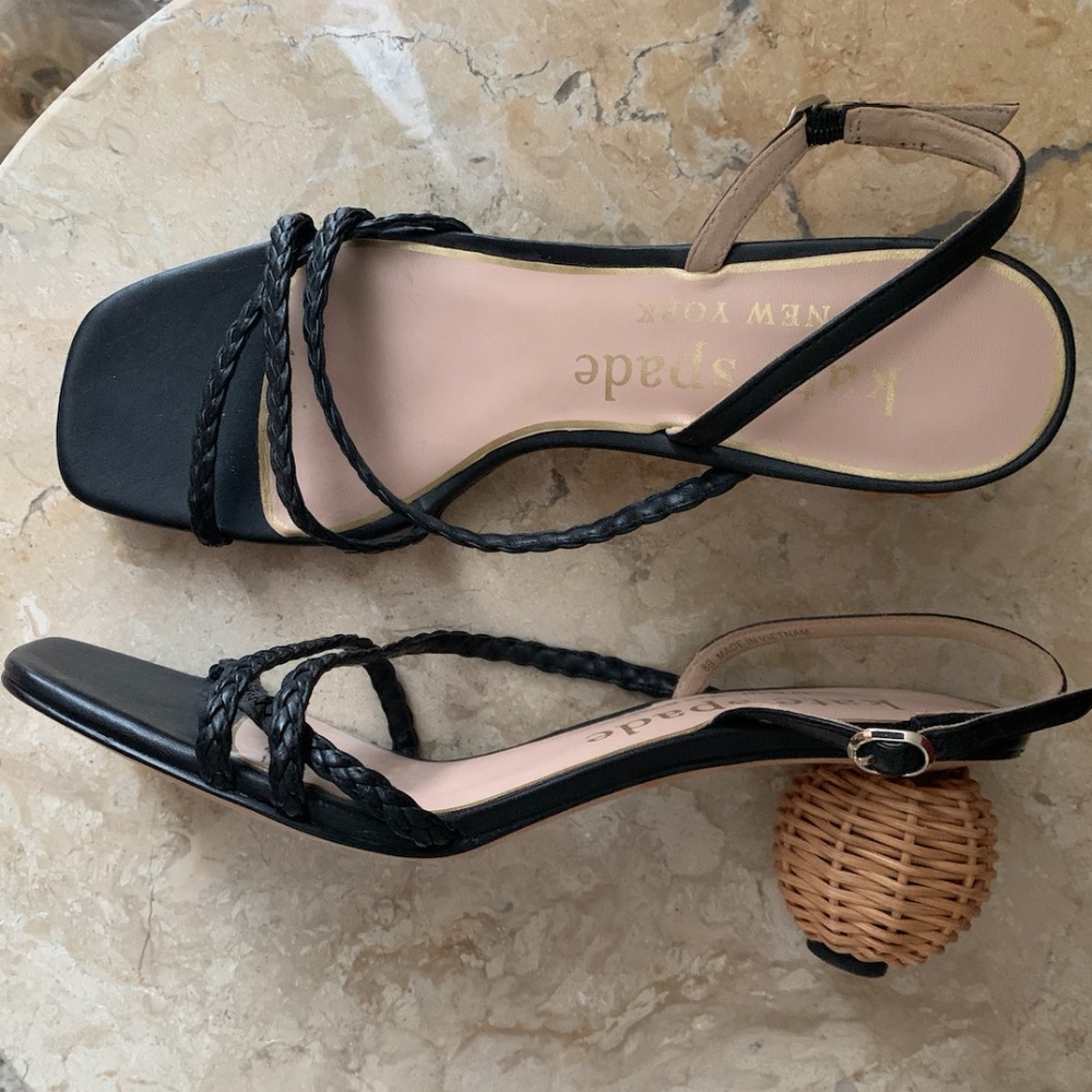 Kate Spade Valencia Sandals Black Size 8 Woven Raffia Ball Heel